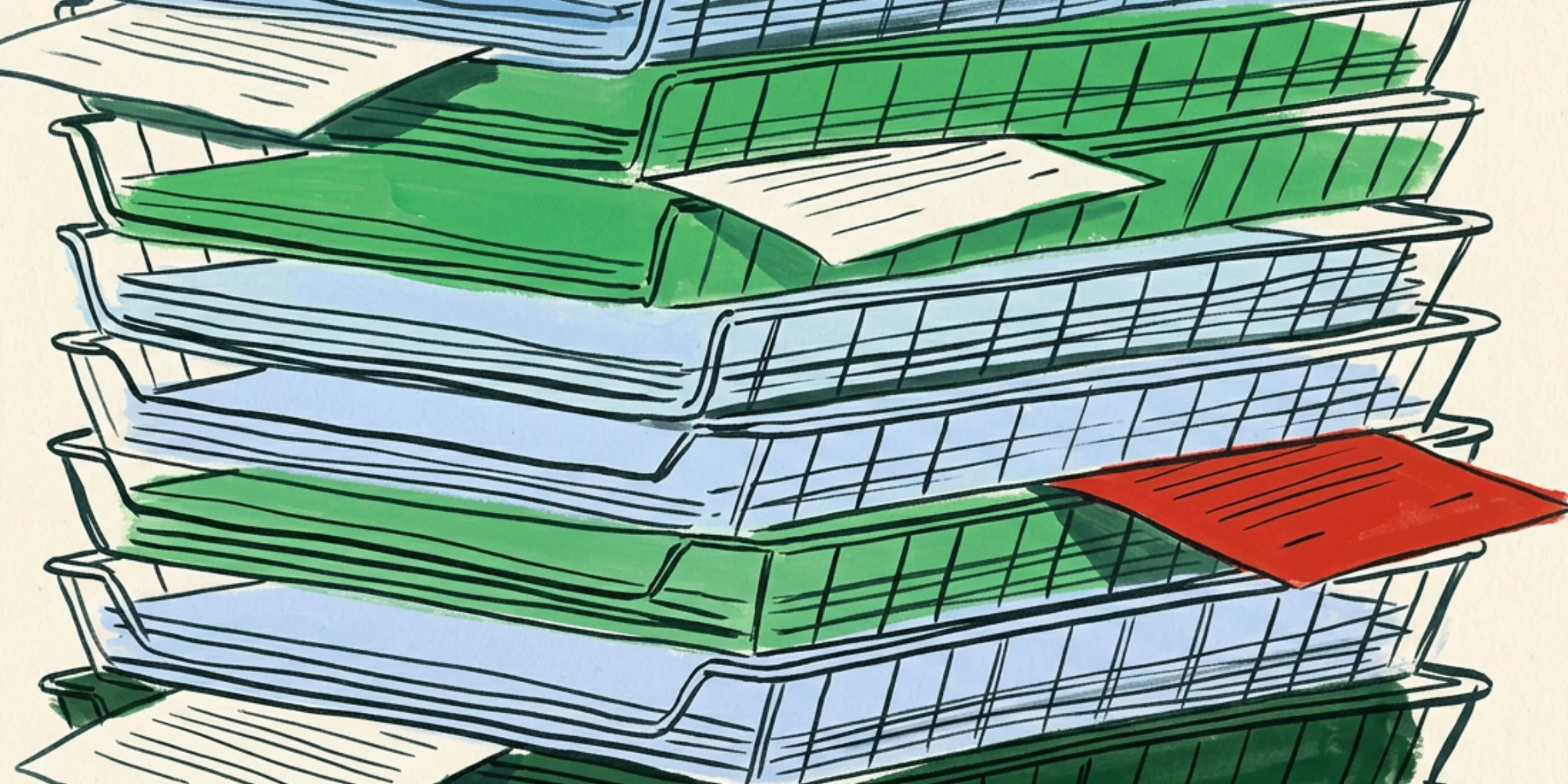 A tall stack of in-trays seen from the side, a loose sheet jutting out at four different heights