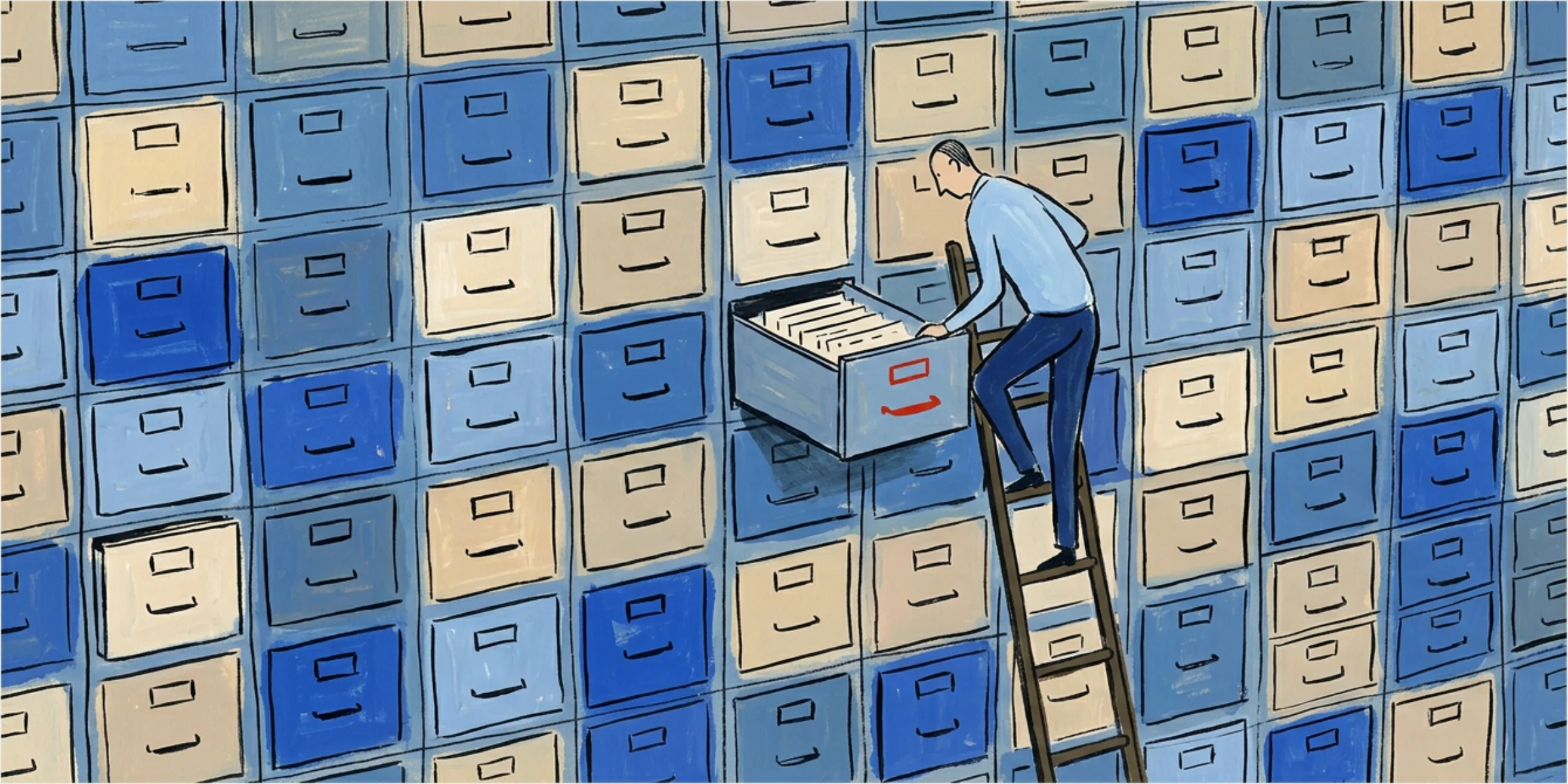 A small figure on a ladder pulling one drawer from an enormous wall of numbered filing drawers