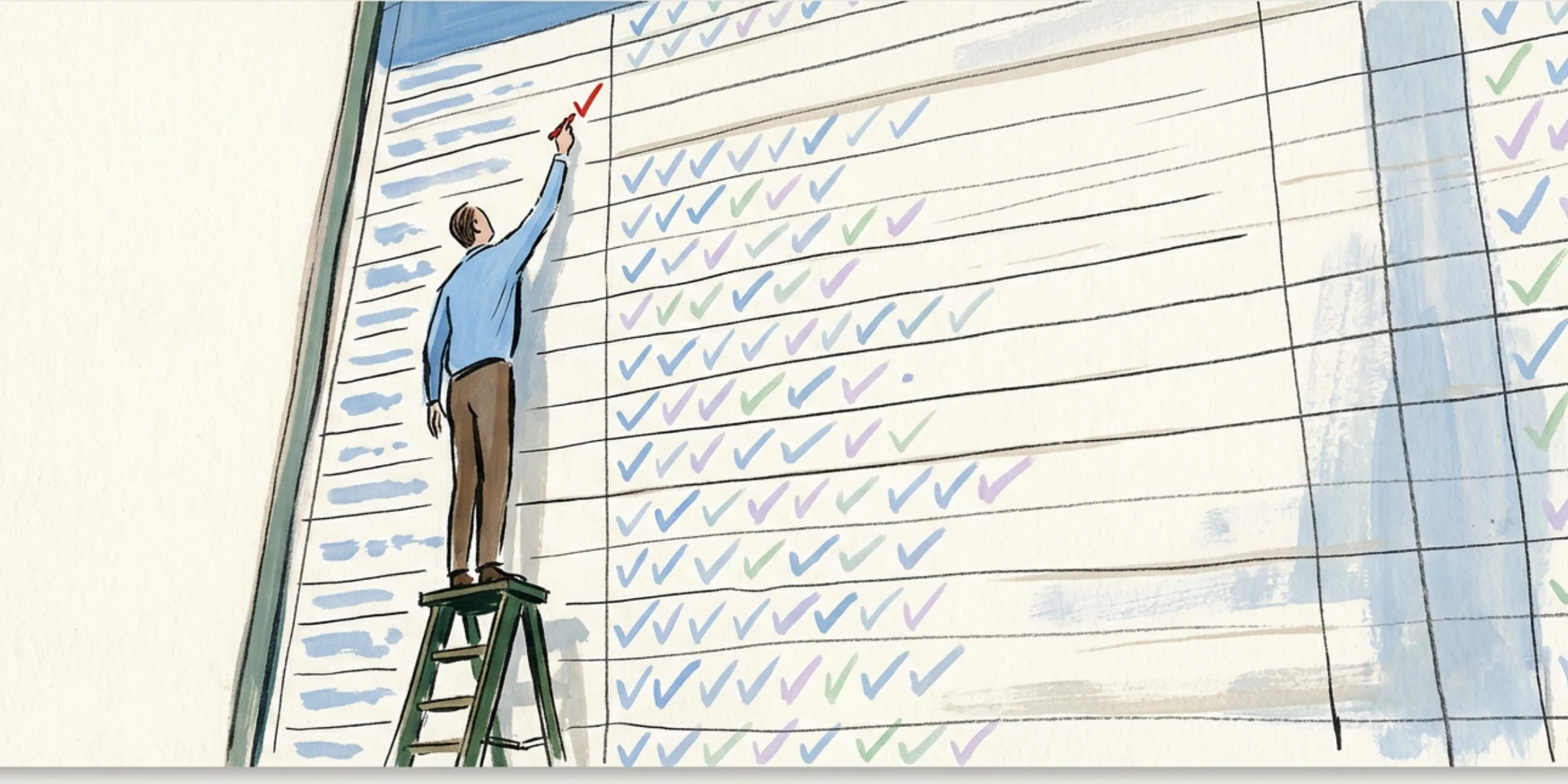 A figure on a stepladder ticking items on an enormous checklist board that fills a wall