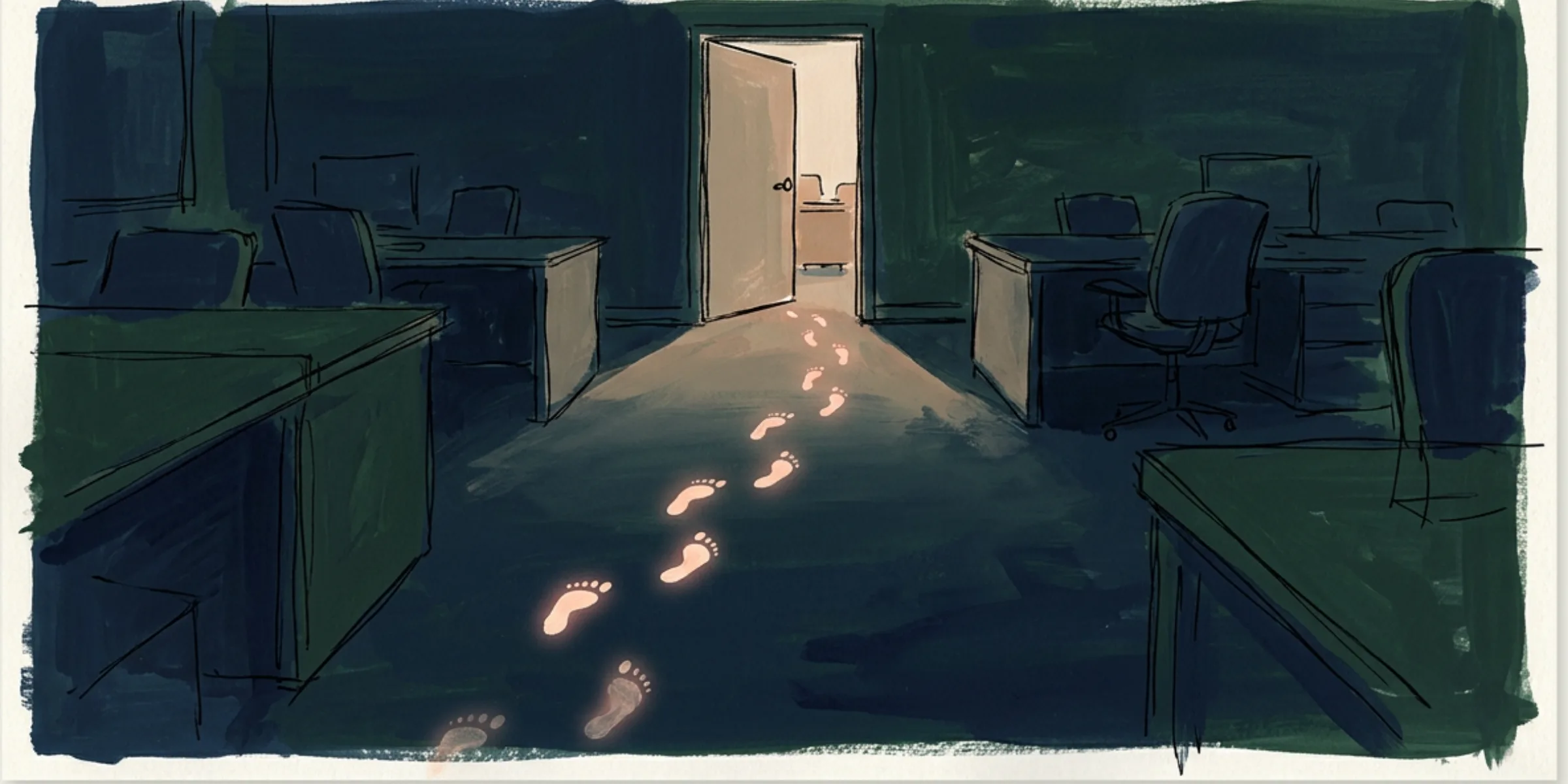 Glowing footprints lead away from an open, lit doorway across a dark office floor, fading out one by one