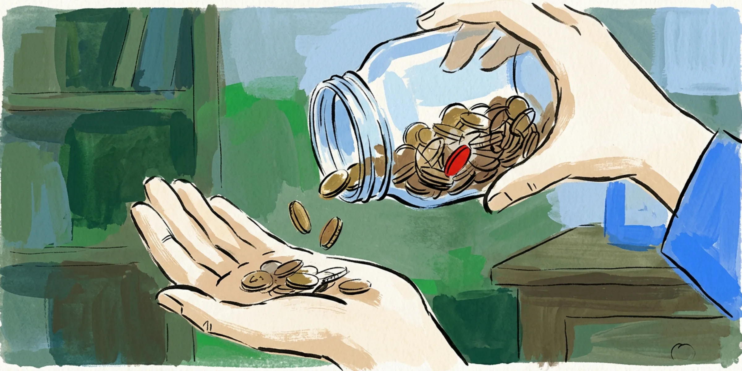 A hand tipping a jar of coins over an open palm, with half the coins clinging inside the glass instead of falling