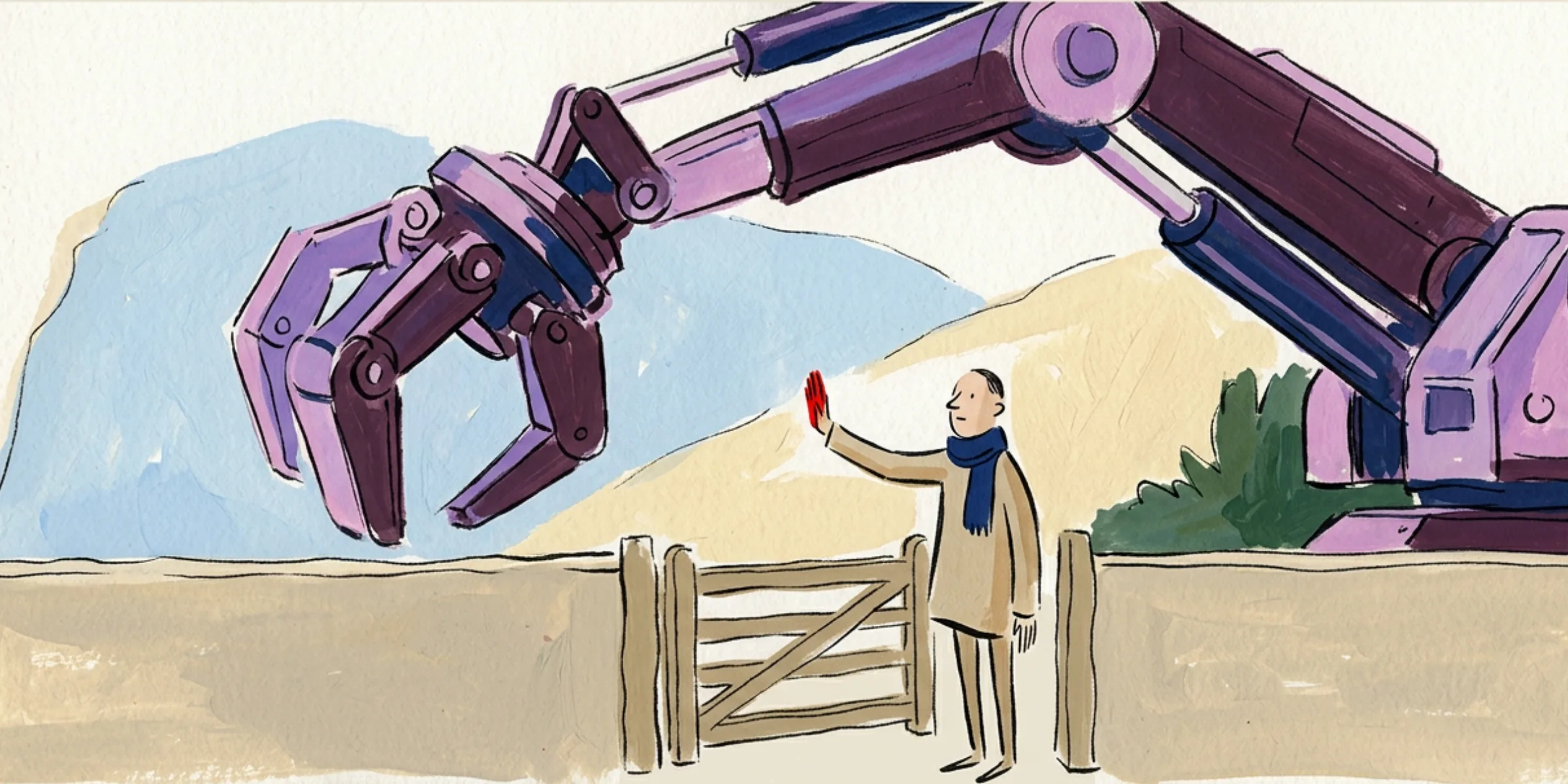 A small figure holding up one hand at a gate, halting a large mechanical arm reaching past them