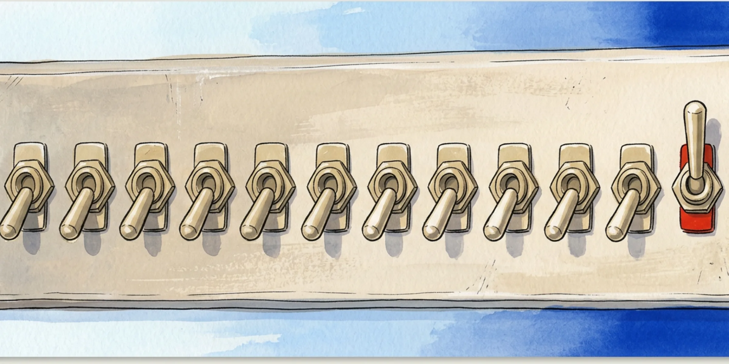 A row of identical switches all thrown down except the last one, standing upright and untouched