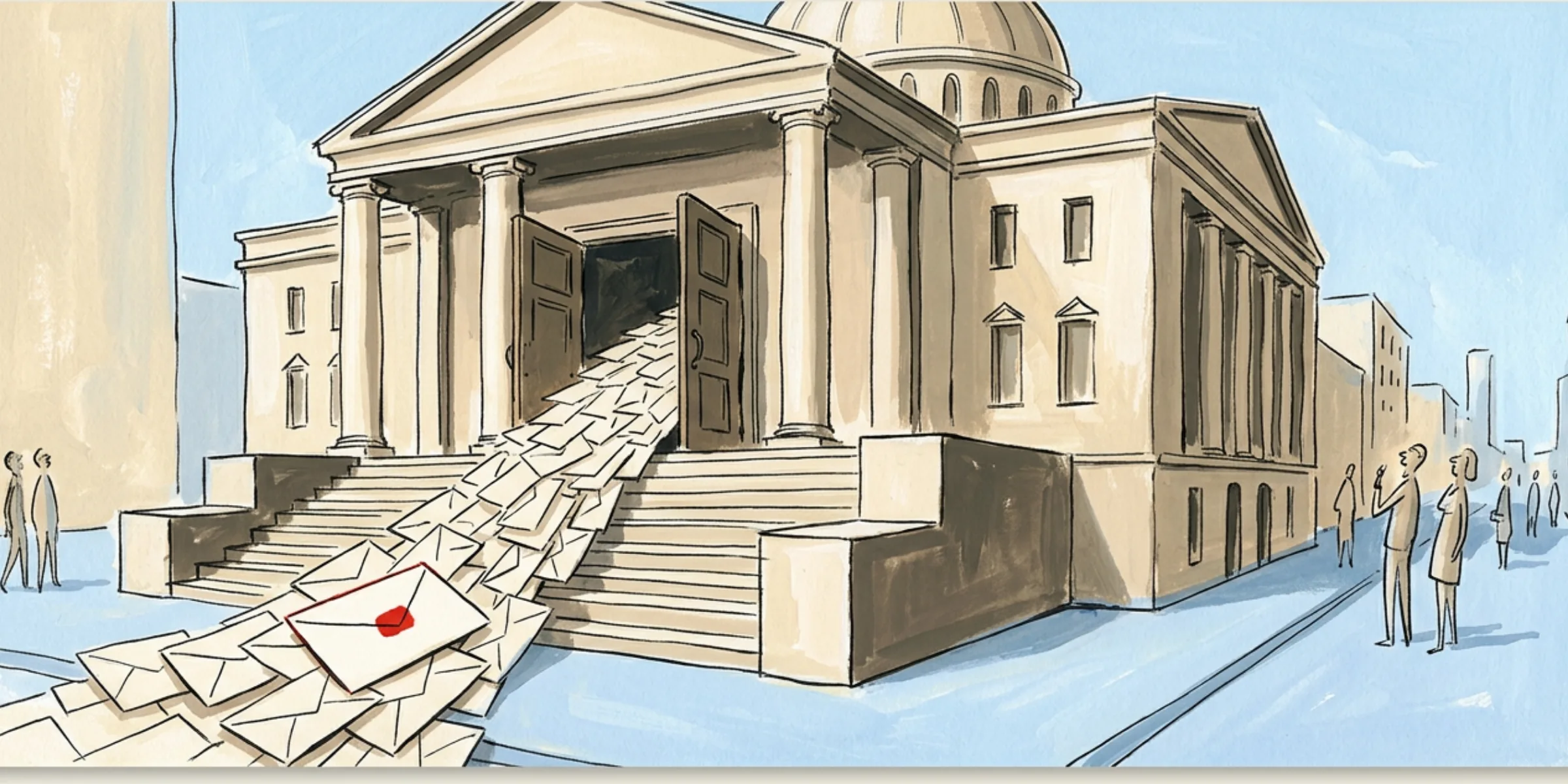 Envelopes streaming out of a classical government building's doors and down its steps into the street