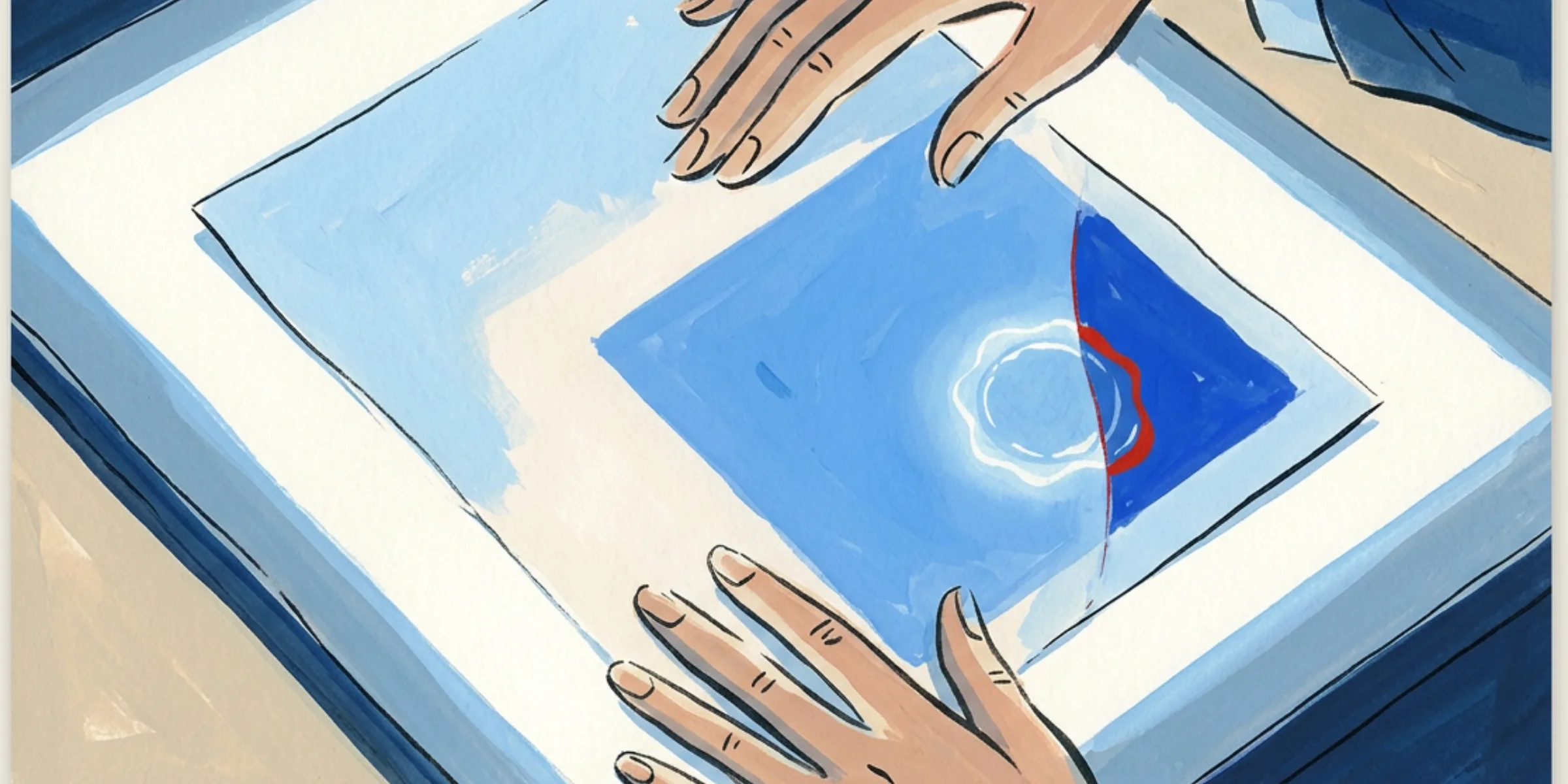A sheet of paper on a lit glass panel from directly above, a hidden seal glowing up through it like an X-ray