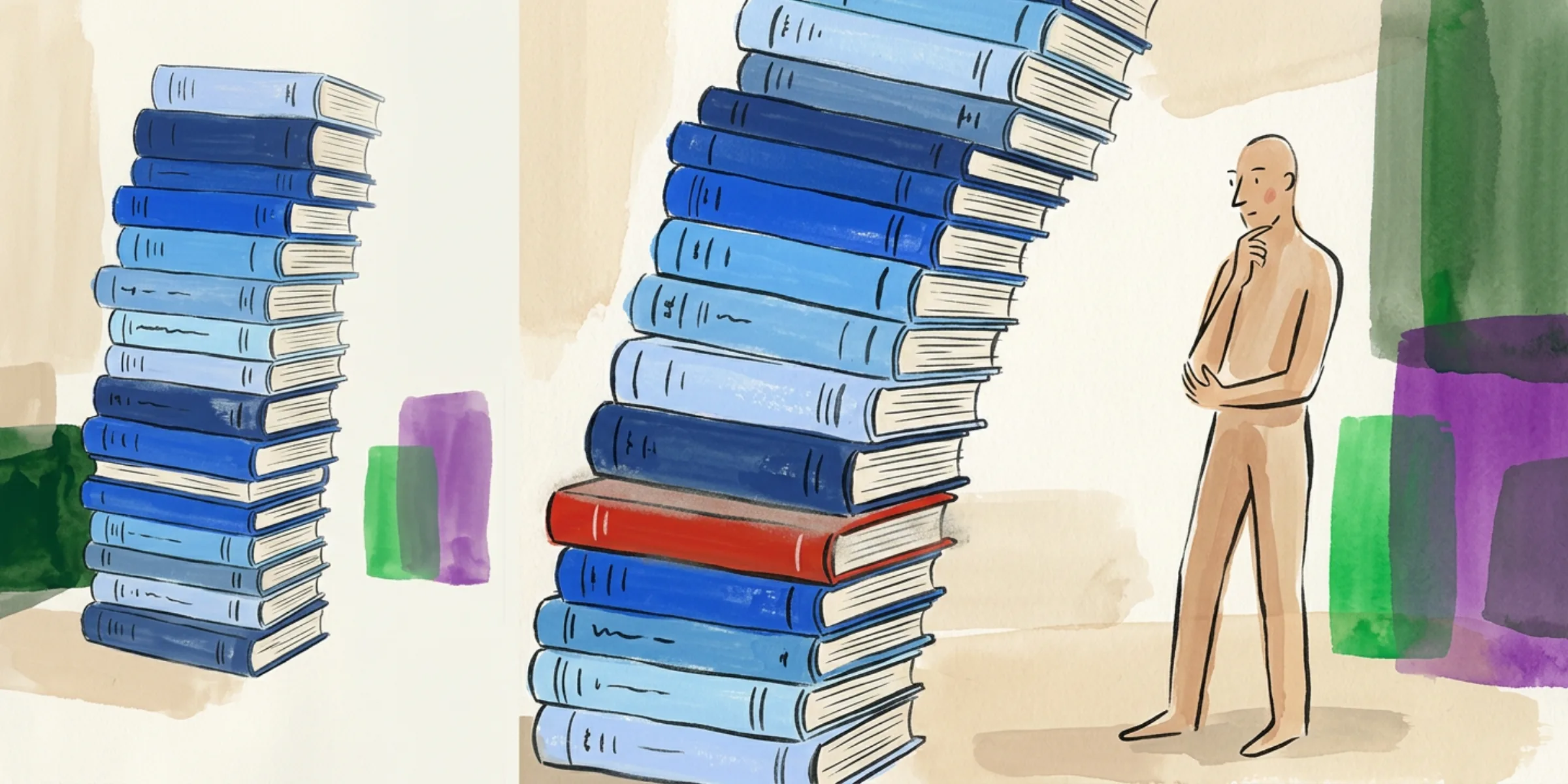 A leaning tower of stacked yearly ledger books, tilting because one near its base was never reopened