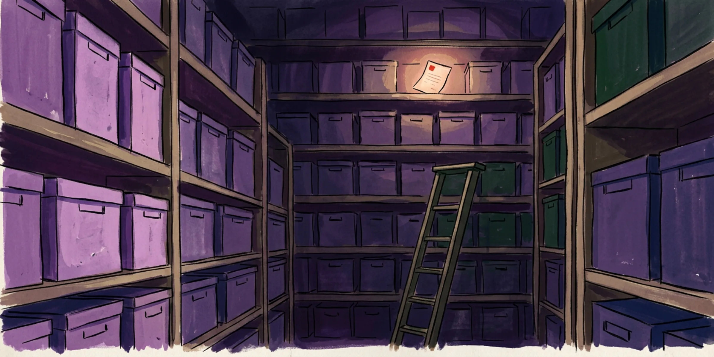 A glowing paper note sits high on a shelf in a dark archive, a ladder beside it stopping short of reaching it