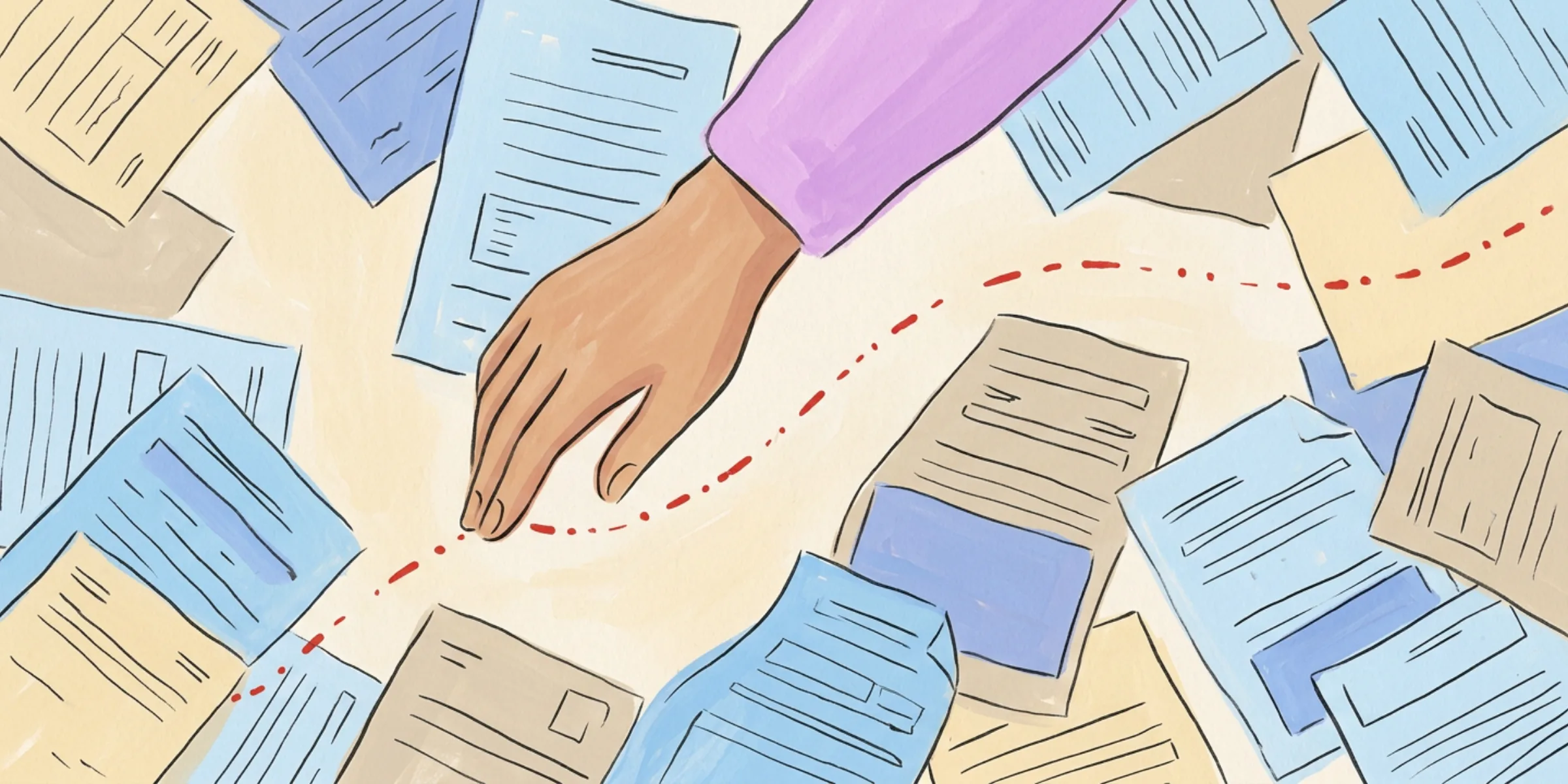 A hand seen from directly above tracing a deliberate path of marks across a spread of loose tax return pages