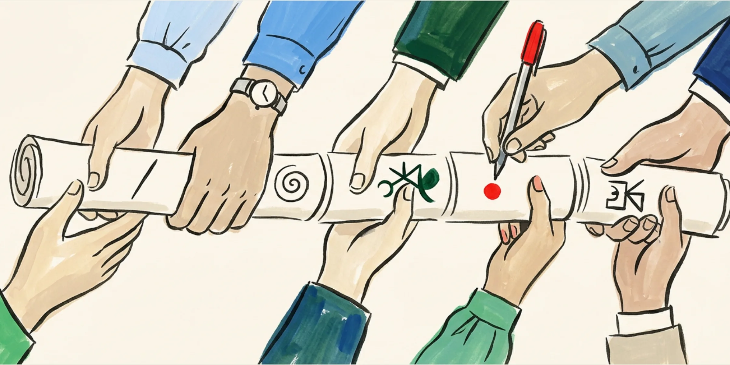 A row of different hands passing a single rolled document along, each adding one mark as it goes