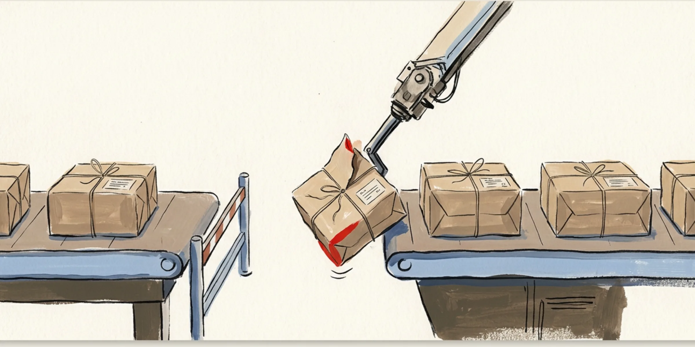 A mechanical arm sweeps one loosely wrapped parcel off a conveyor belt before it reaches the gate the sealed ones pass through