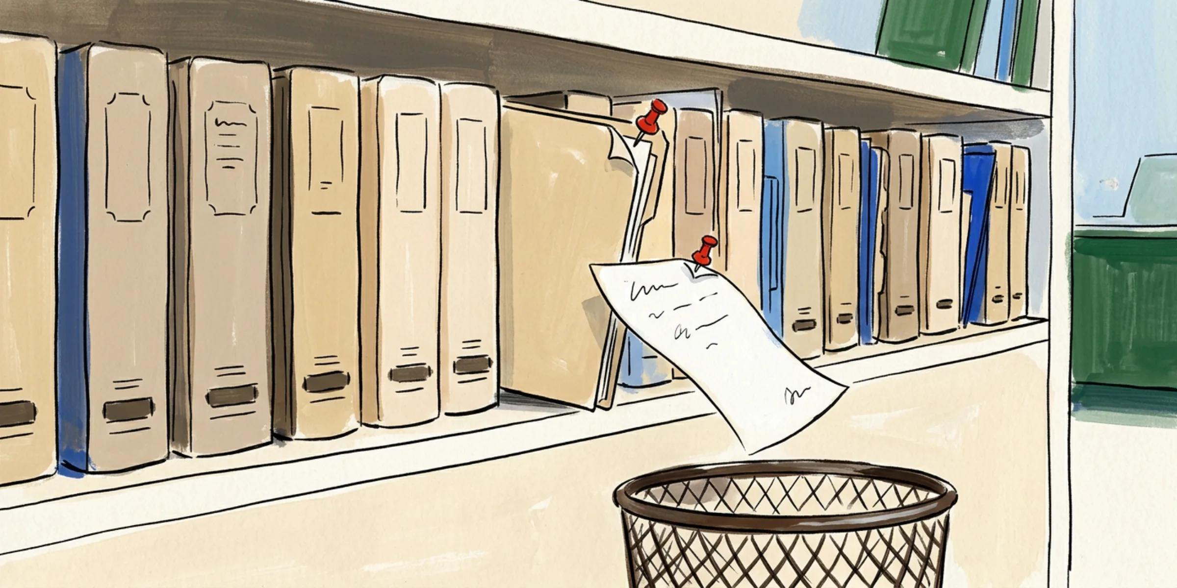 A paper note peels loose from a closed folder and drifts toward a wastebasket past a shelf of identical folders