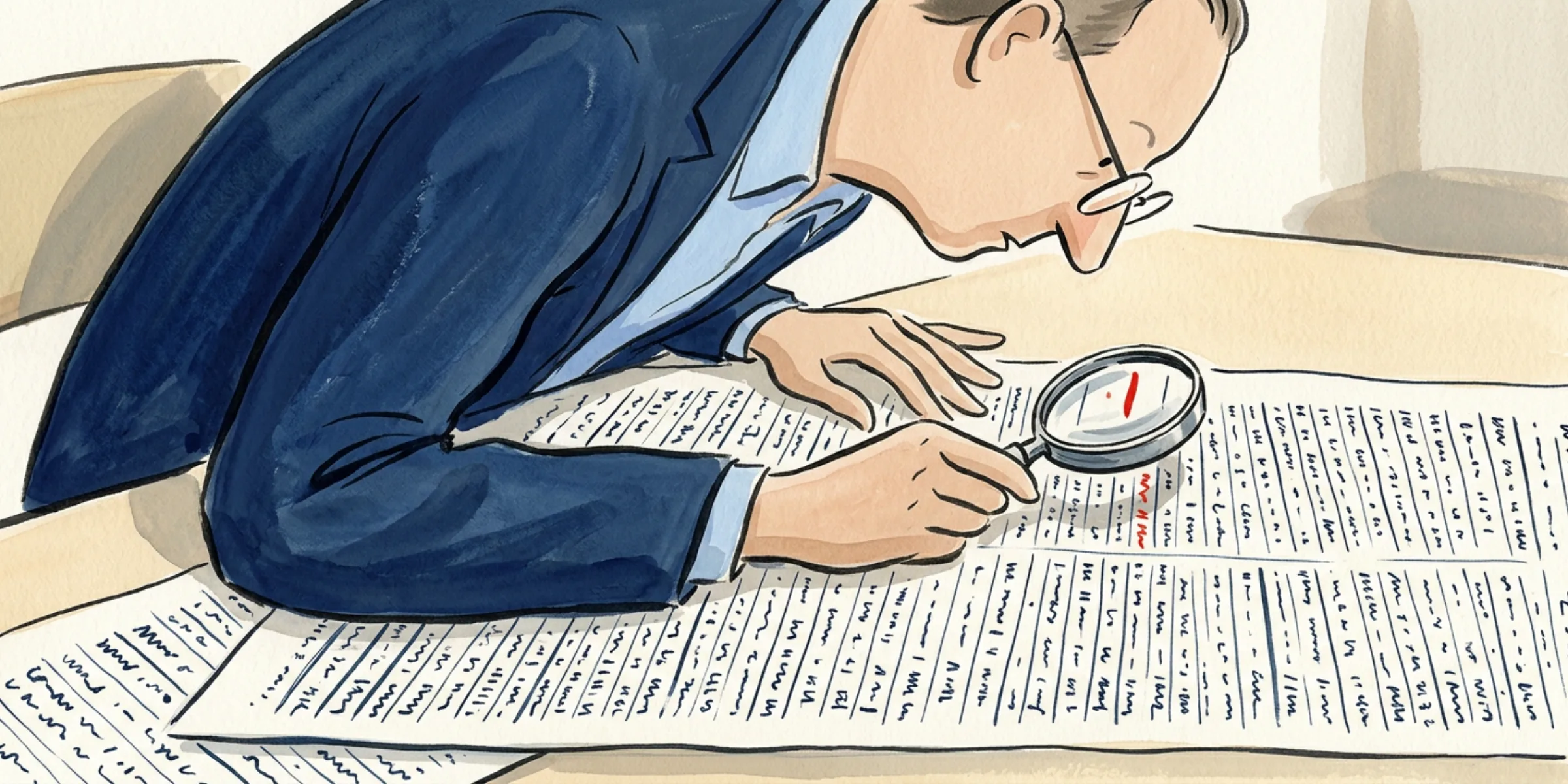A reviewer leaning close over a long form with a magnifier, having found the one line that is wrong