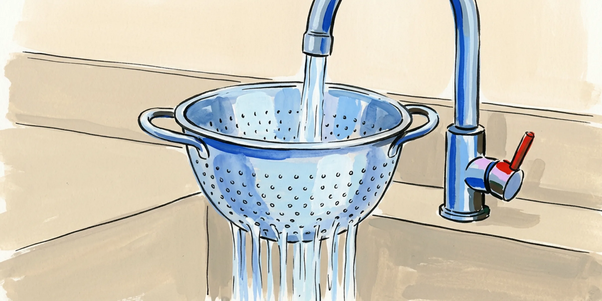 A colander under running water, draining straight through onto the counter with nothing set below to catch it